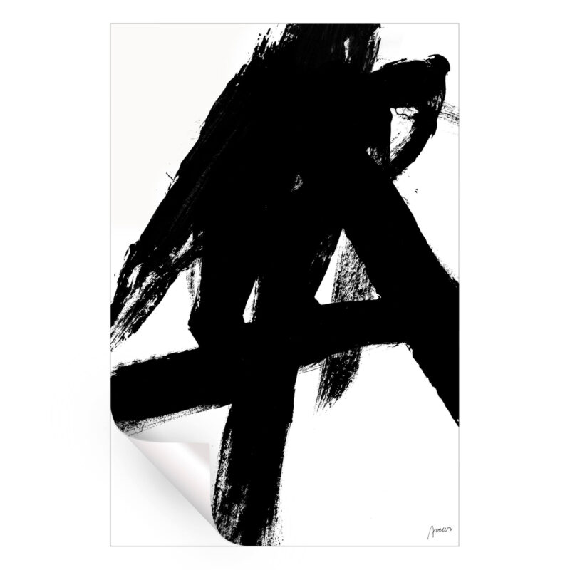 Bold black and white abstract painting with dynamic brushstrokes and strong contrast.
