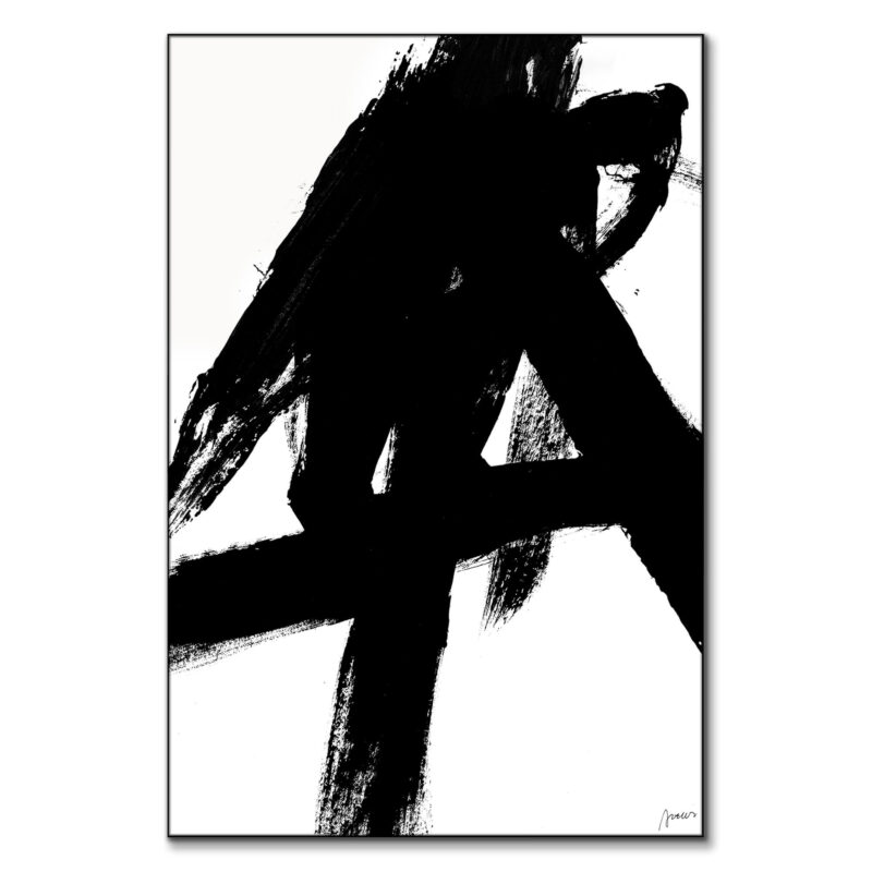 Bold black and white abstract painting with dynamic brushstrokes and strong contrast.