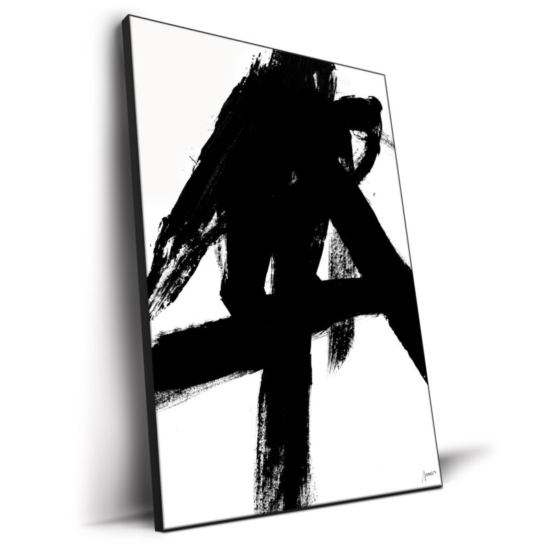 Bold black and white abstract painting with dynamic brushstrokes and strong contrast.
