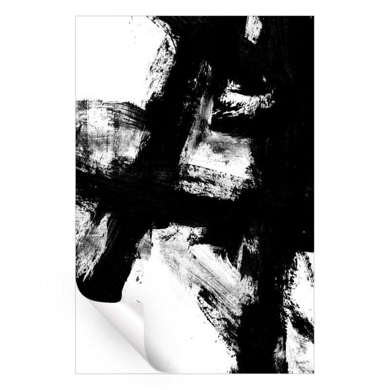 Bold black and white abstract artwork with strong brushstrokes and textured contrast.