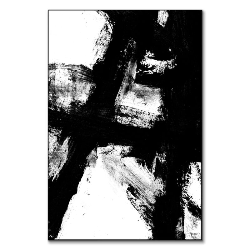 Bold black and white abstract artwork with strong brushstrokes and textured contrast.