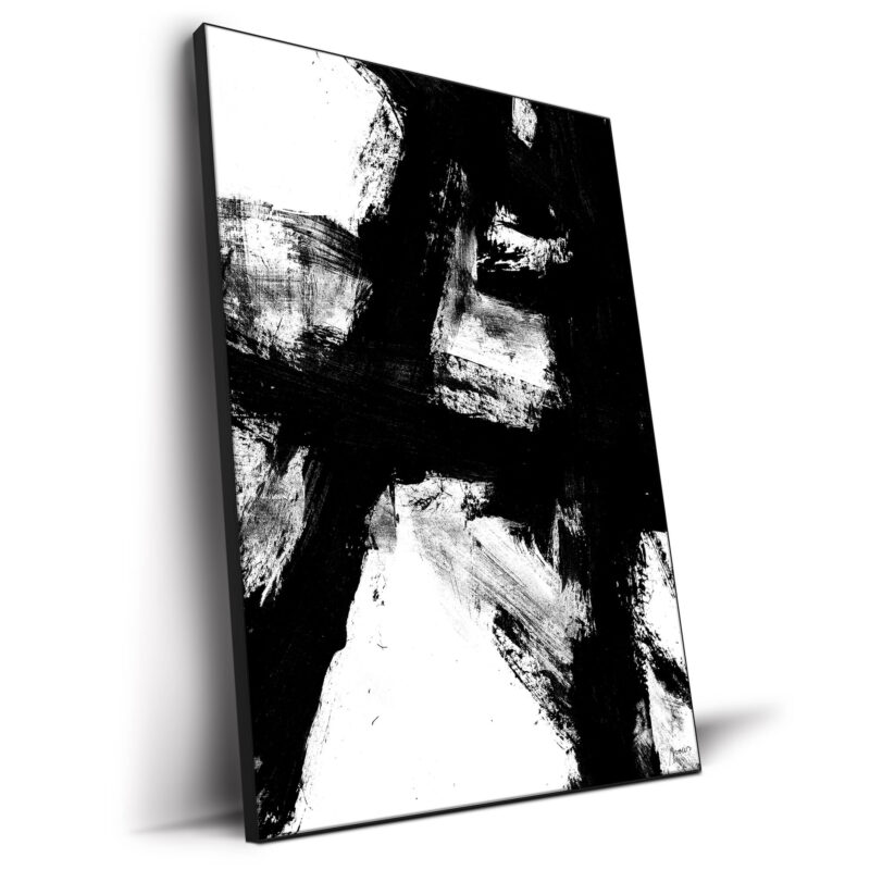 Bold black and white abstract artwork with strong brushstrokes and textured contrast.