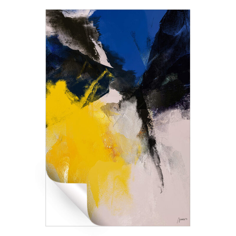 Abstract painting with contrasting blues, yellows, and blacks creating a bold and dramatic composition.