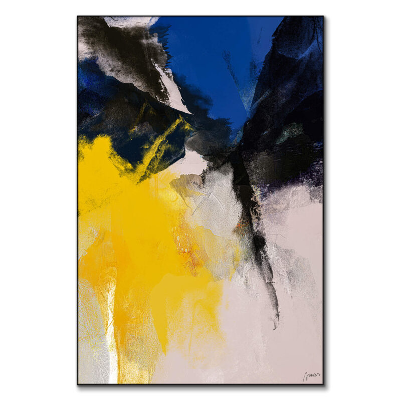 Abstract painting with contrasting blues, yellows, and blacks creating a bold and dramatic composition.