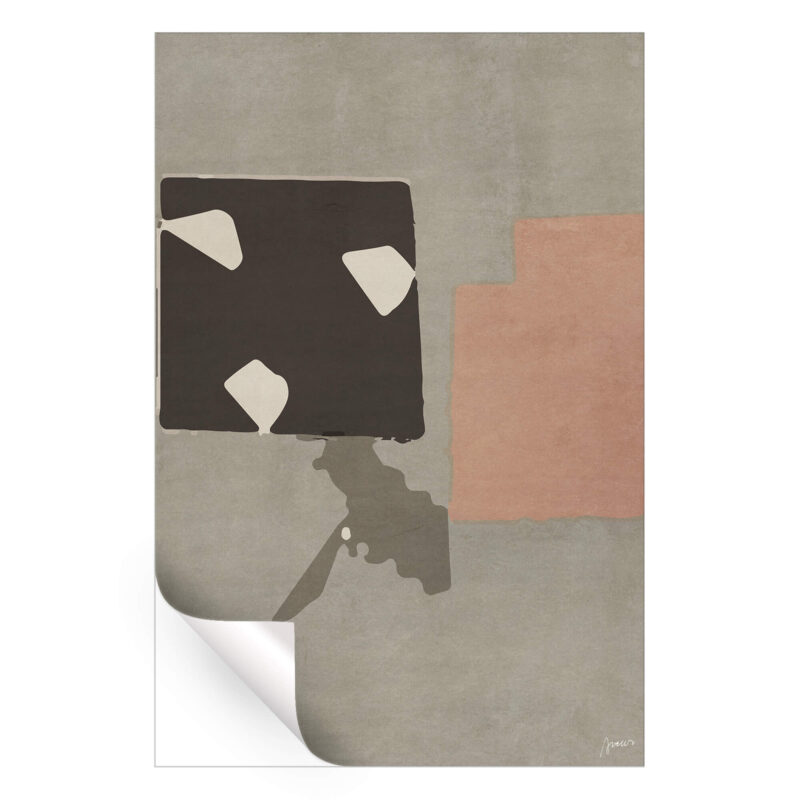Minimalist abstract artwork featuring geometric black, tan, and grey shapes in modern design.