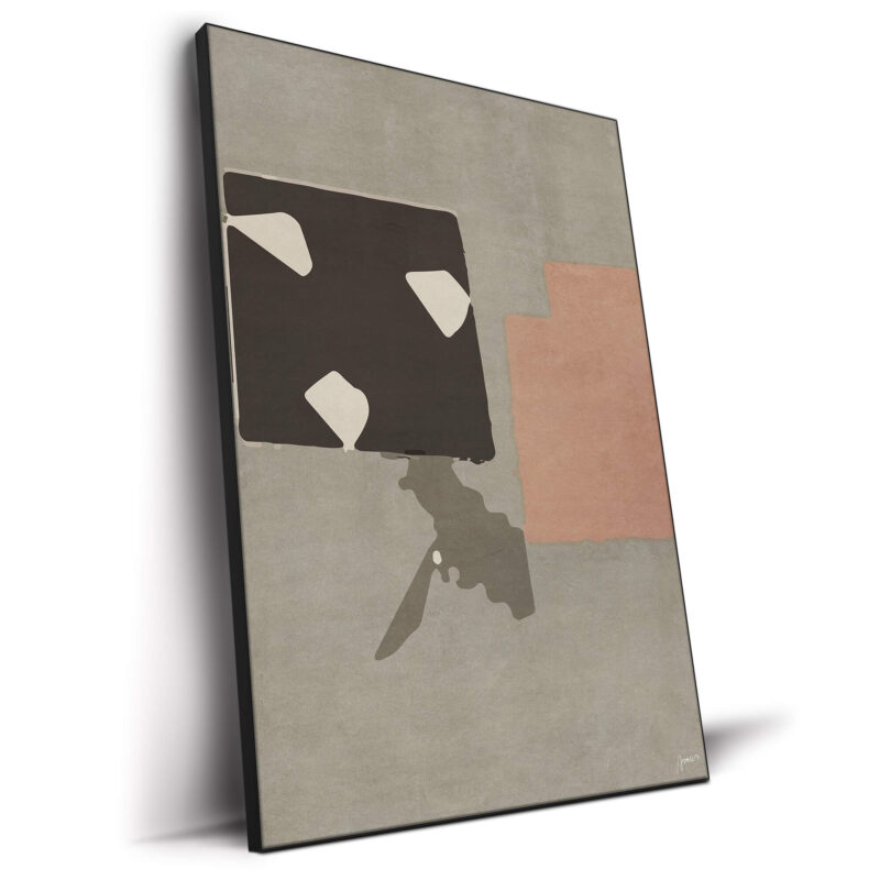 Minimalist abstract artwork featuring geometric black, tan, and grey shapes in modern design.