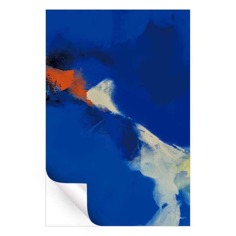 A vibrant abstract painting featuring deep blue, white, and orange swirls and contrasts.