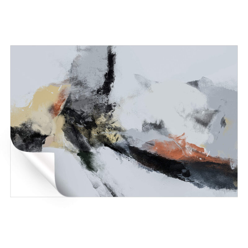 Abstract painting with textured red, yellow, white, and black tones, creating a bold and impactful composition.