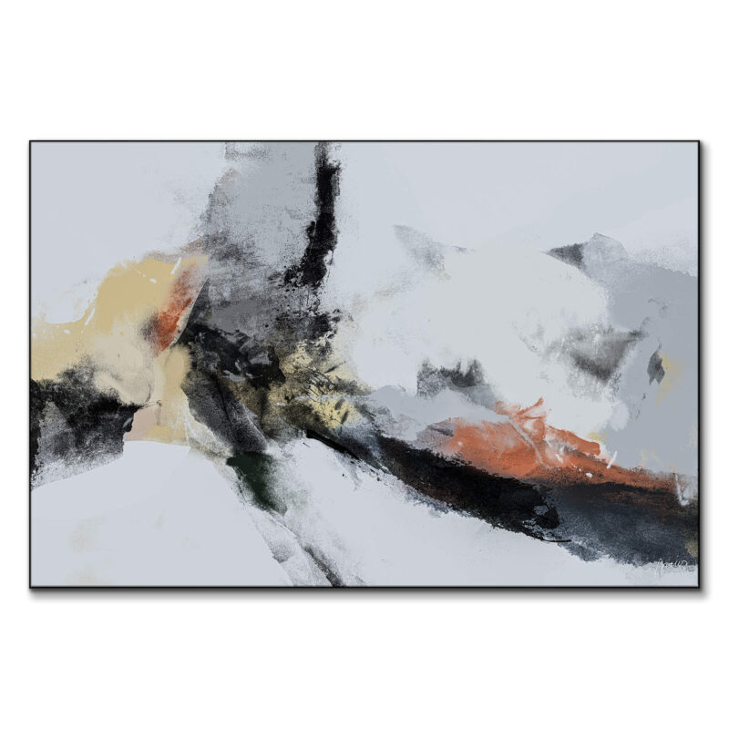 Abstract painting with textured red, yellow, white, and black tones, creating a bold and impactful composition.