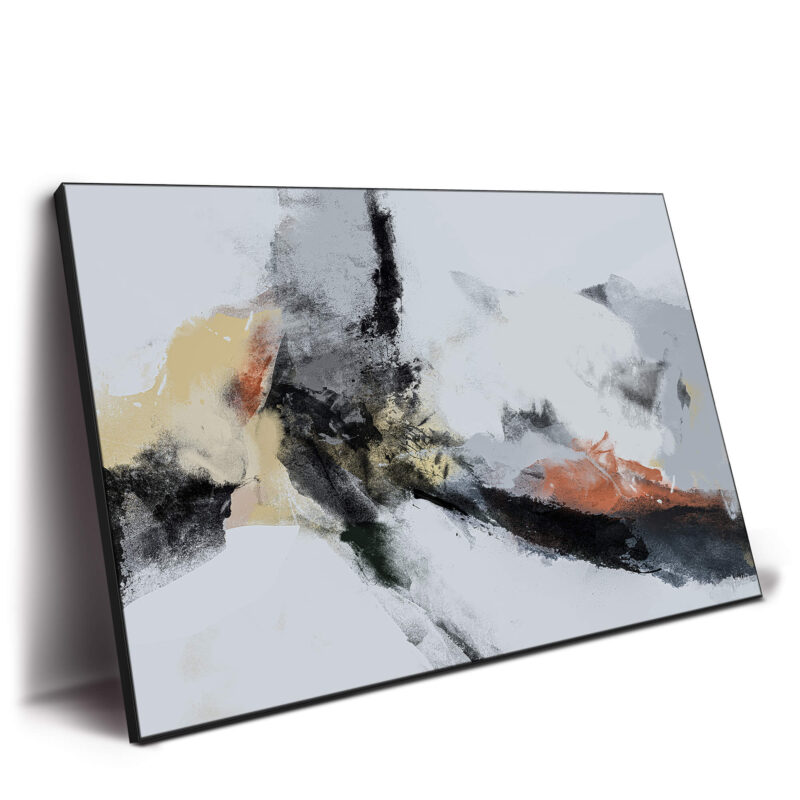 Abstract painting with textured red, yellow, white, and black tones, creating a bold and impactful composition.