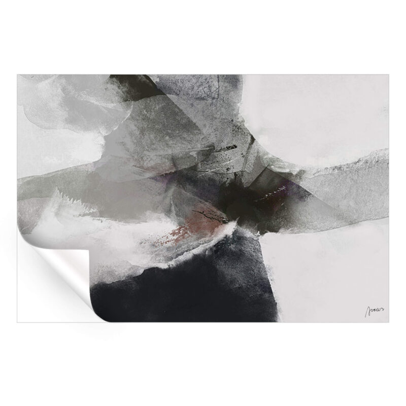 ontemporary black and grey abstract painting with bold strokes and delicate grey washes, capturing dynamic contrast and energy.