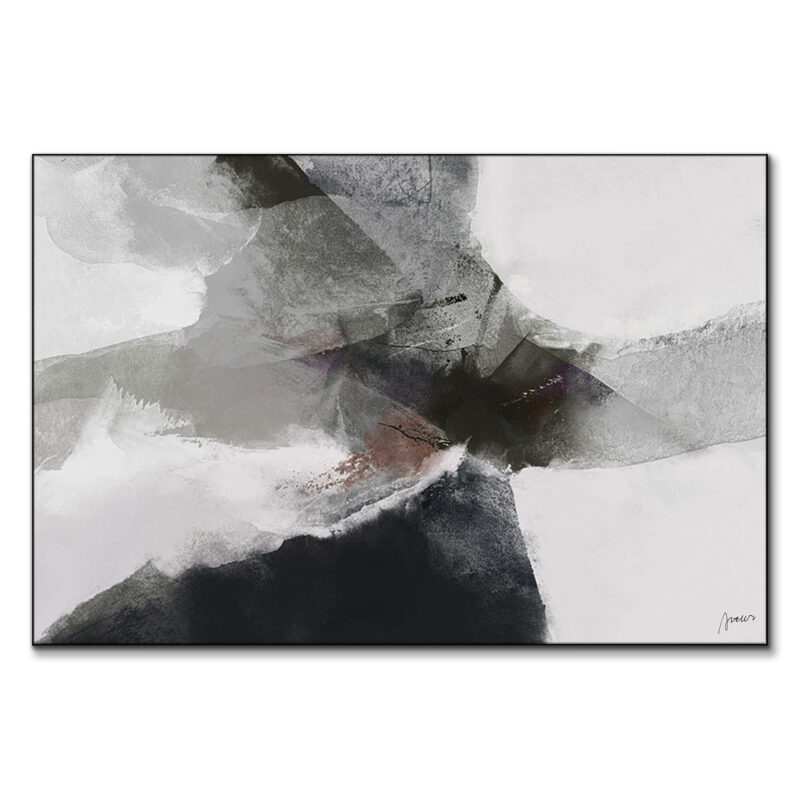 ontemporary black and grey abstract painting with bold strokes and delicate grey washes, capturing dynamic contrast and energy.