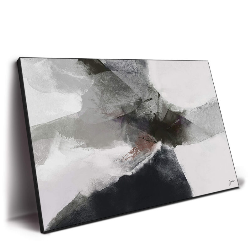 ontemporary black and grey abstract painting with bold strokes and delicate grey washes, capturing dynamic contrast and energy.