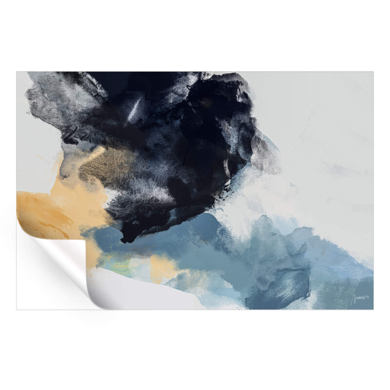 Abstract artwork with black, blue, and yellow tones, featuring fluid brushstrokes and contrasting colors.