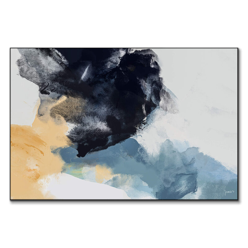 Abstract artwork with black, blue, and yellow tones, featuring fluid brushstrokes and contrasting colors.