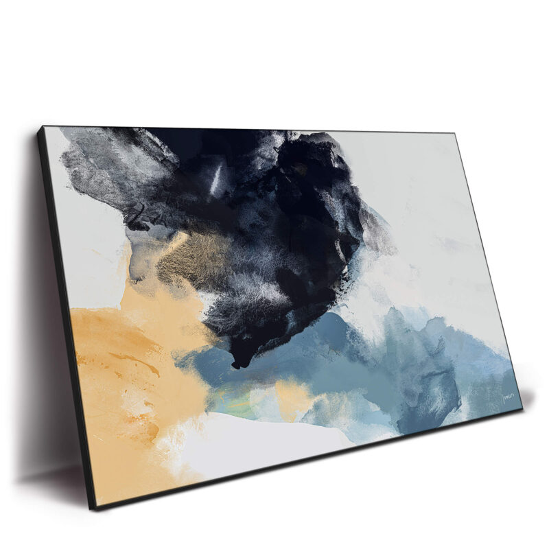 Abstract artwork with black, blue, and yellow tones, featuring fluid brushstrokes and contrasting colors.