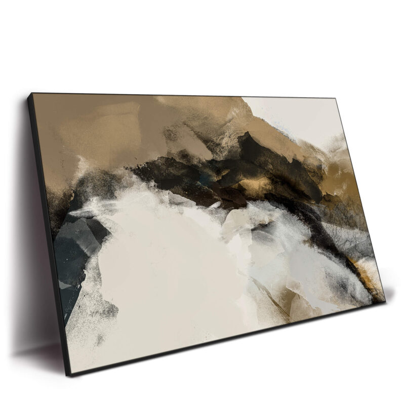 Abstract modern artwork in brown and tan with fluid shapes, dark accents, and subtle textures for a grounded, elegant feel.