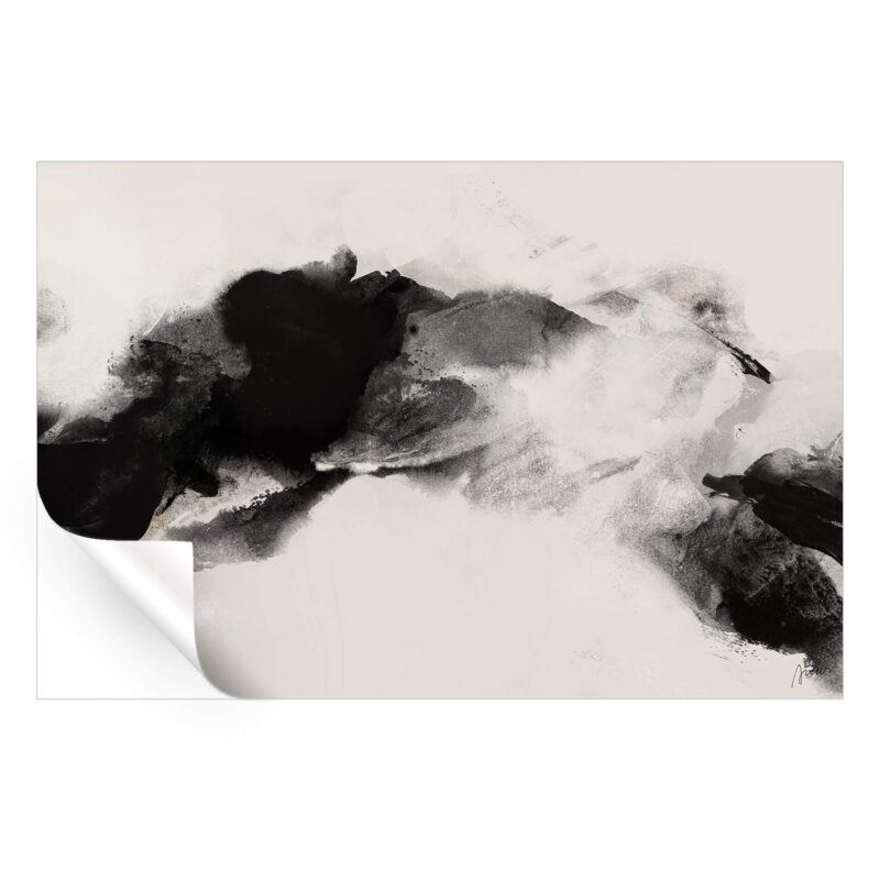 Abstract black and white ink artwork with swirling brushstrokes and a neutral background, evoking movement and contrast.