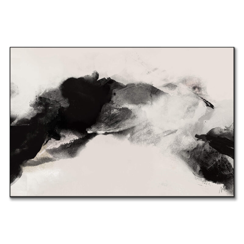 Abstract black and white ink artwork with swirling brushstrokes and a neutral background, evoking movement and contrast.