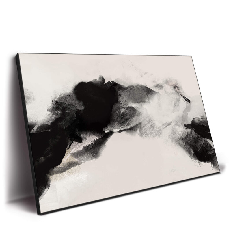 Abstract black and white ink artwork with swirling brushstrokes and a neutral background, evoking movement and contrast.