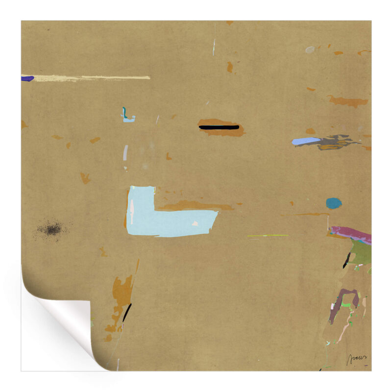 Abstract artwork in tan with vibrant splashes of blue, pink, and green, featuring geometric shapes and brush strokes.