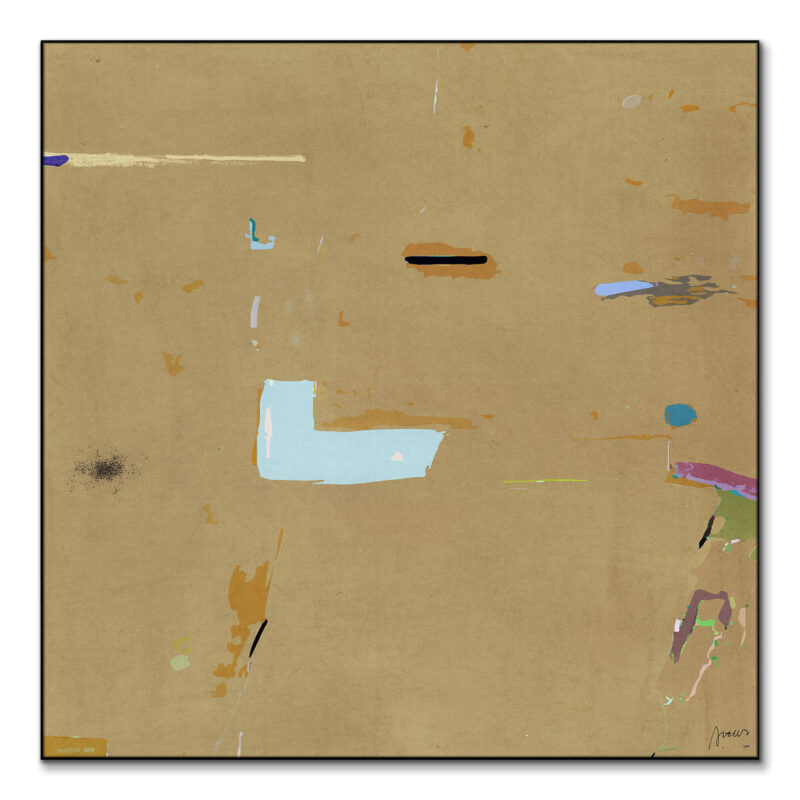 Abstract artwork in tan with vibrant splashes of blue, pink, and green, featuring geometric shapes and brush strokes.