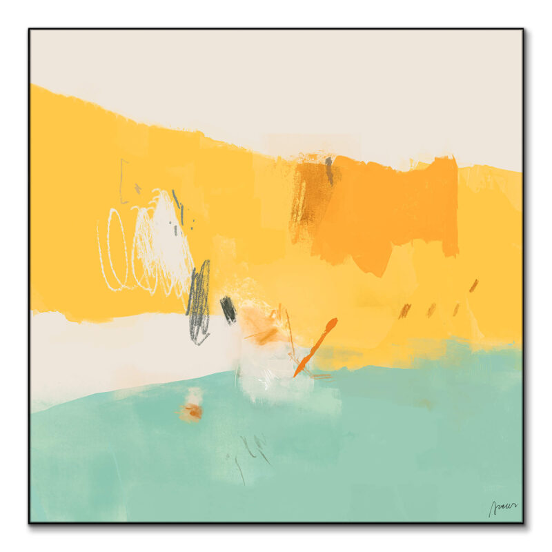 Vibrant yellow and teal abstract artwork with fluid transitions and dynamic lines.