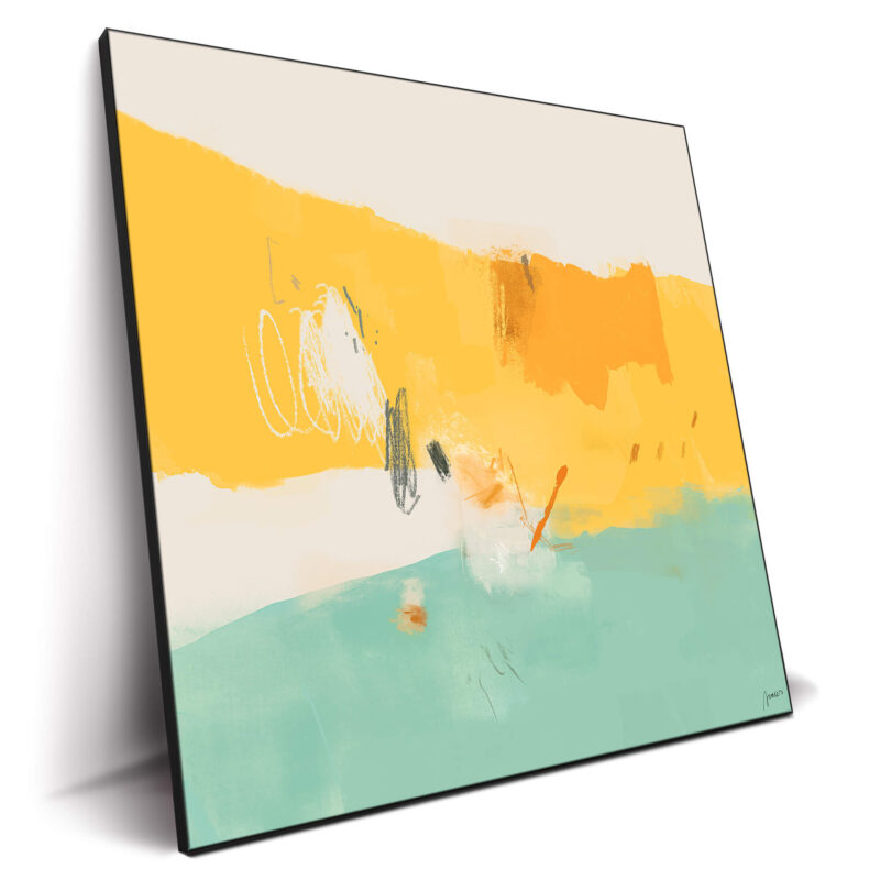 Vibrant yellow and teal abstract artwork with fluid transitions and dynamic lines.