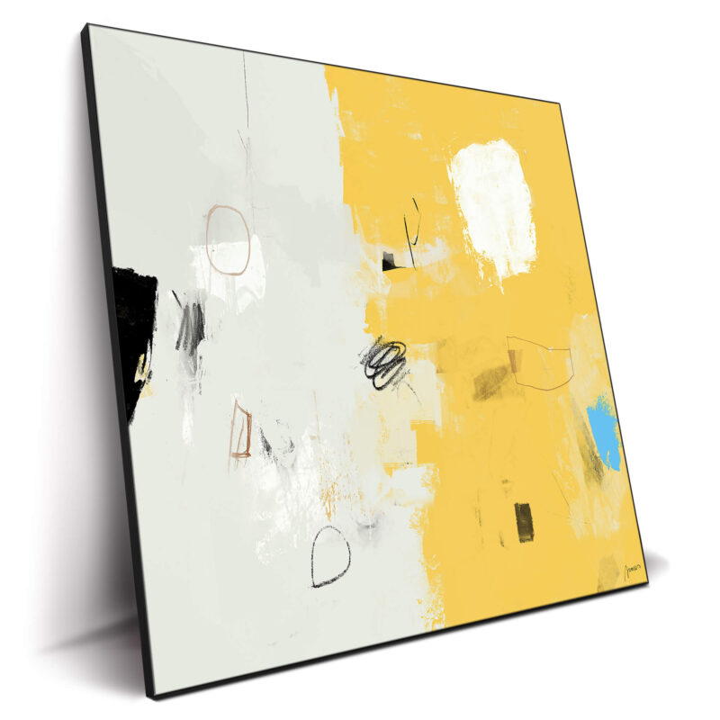Modern abstract artwork in yellow and white, with sharp contrasts and smooth gradients.