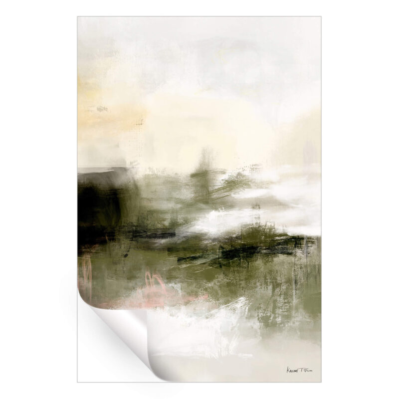 Abstract artwork blending olive green and white with fluid brushstrokes and subtle textures.