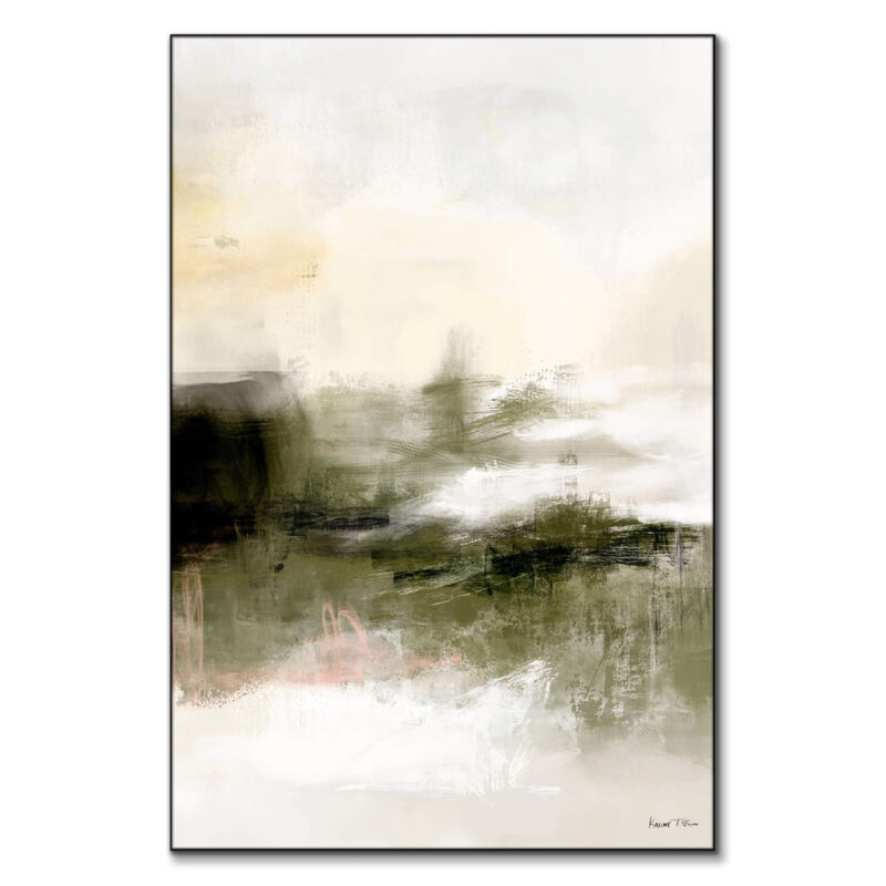 Abstract artwork blending olive green and white with fluid brushstrokes and subtle textures.