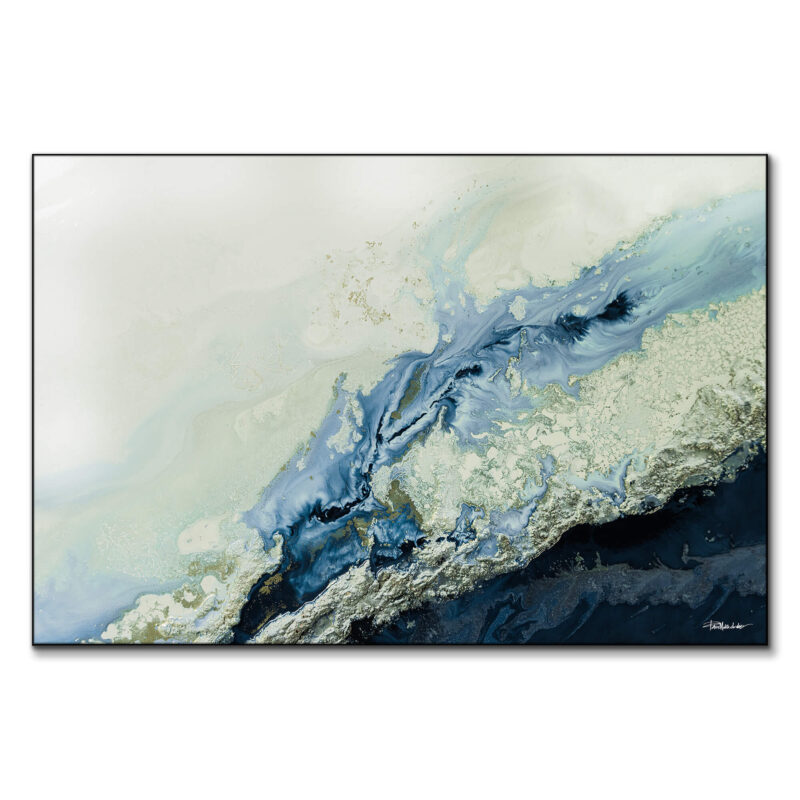 Abstract ocean painting with turquoise waves blending with beige and cream hues, capturing the essence of the sea.
