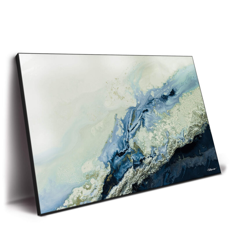 Abstract ocean painting with turquoise waves blending with beige and cream hues, capturing the essence of the sea.