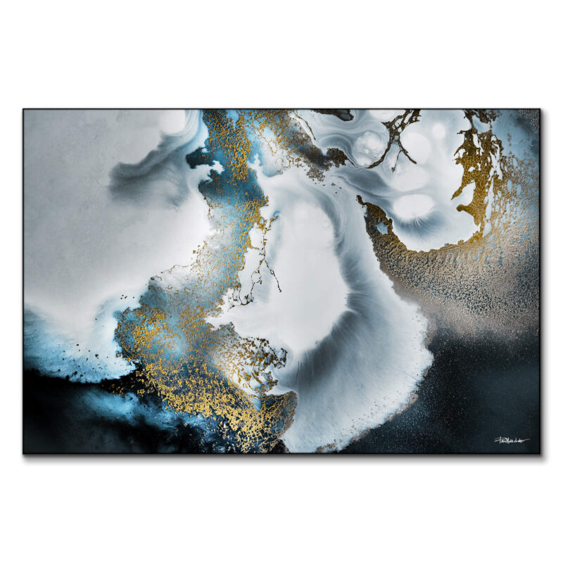 Alt Text: Abstract ocean artwork in blue, black, and gold with fluid swirls and metallic accents.