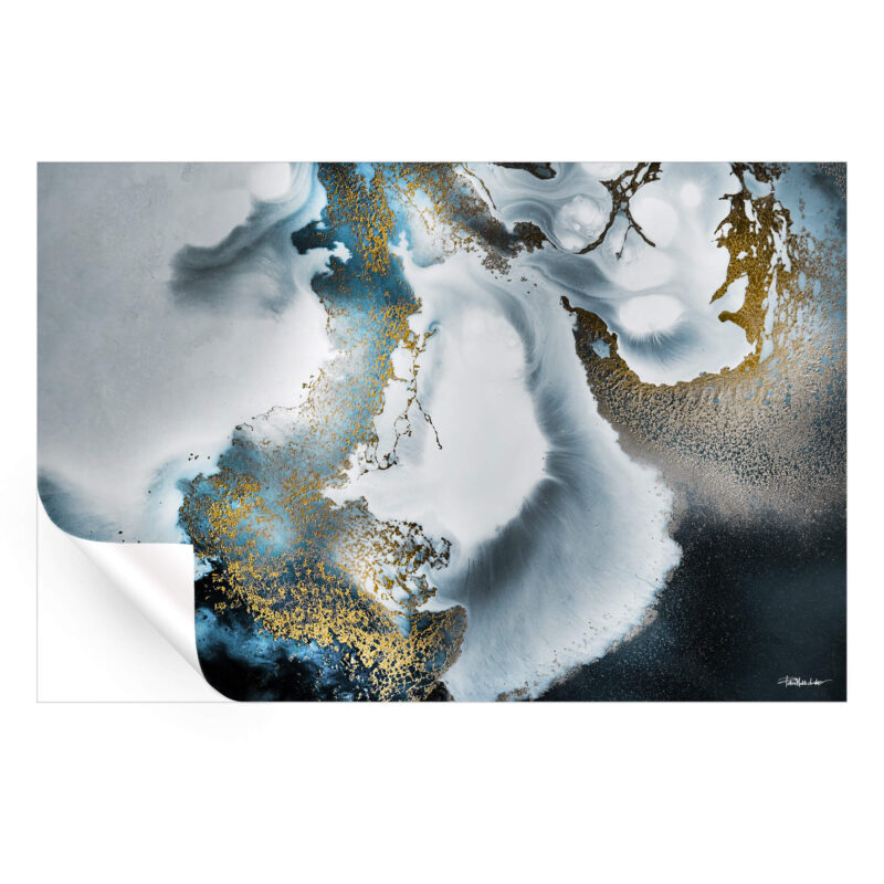 Alt Text: Abstract ocean artwork in blue, black, and gold with fluid swirls and metallic accents.