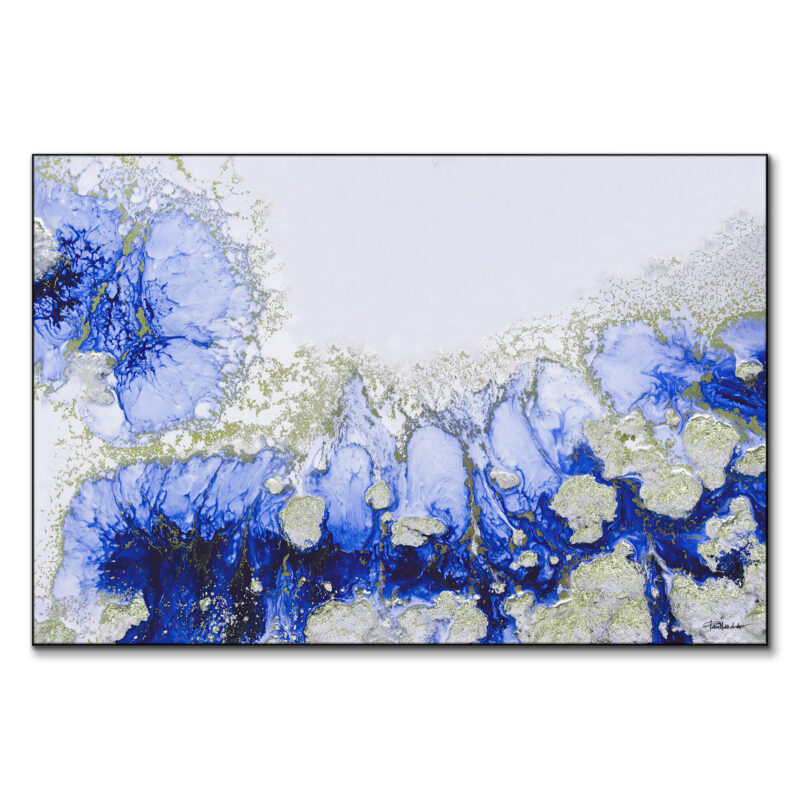 Abstract painting featuring swirling oceanic blues and bright silver accents, evoking a sense of calm water movement.