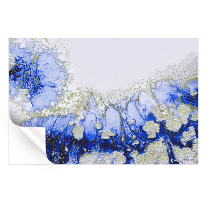 Abstract painting featuring swirling oceanic blues and bright silver accents, evoking a sense of calm water movement.