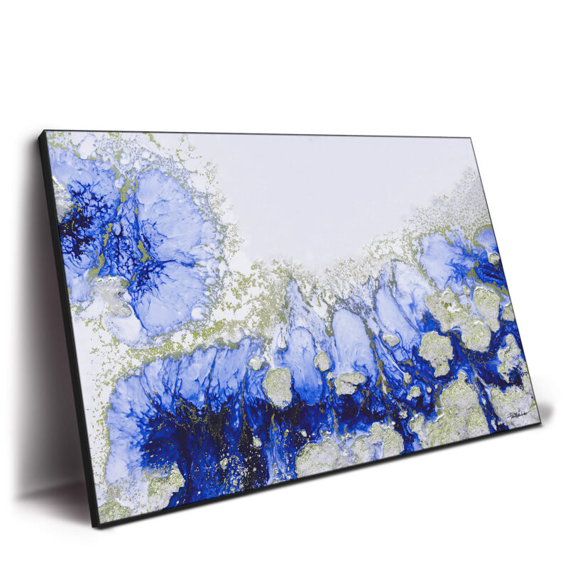 Abstract painting featuring swirling oceanic blues and bright silver accents, evoking a sense of calm water movement.