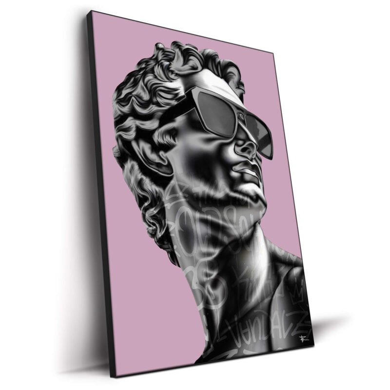 Chrome statue of David with graffiti background, contemporary street art style.