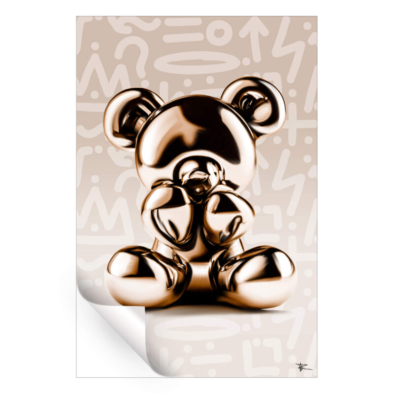 Gold metallic bear sculpture on a graffiti-inspired cream background with abstract patterns.