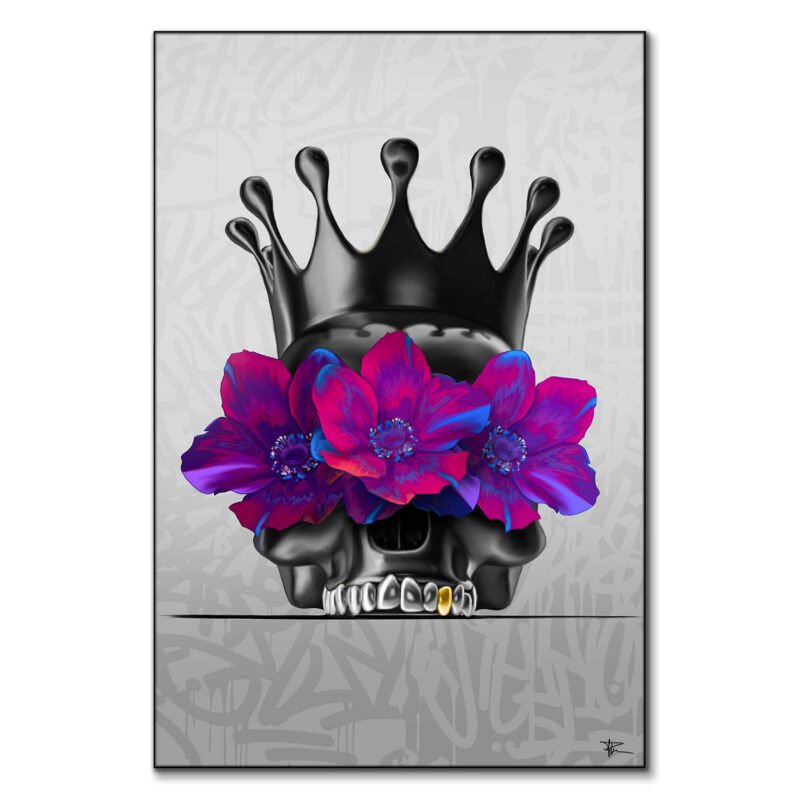 Black skull with magenta flowers and a crown, modern graffiti design.