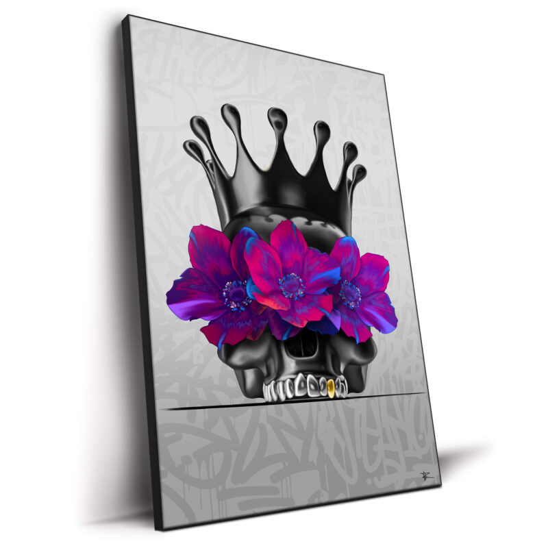 Black skull with magenta flowers and a crown, modern graffiti design.