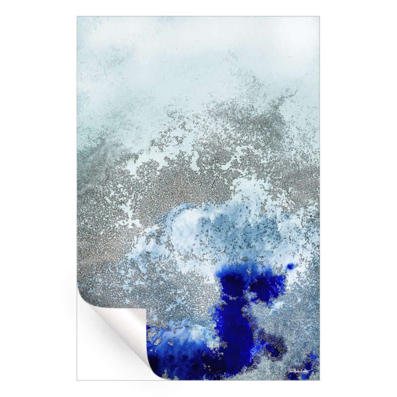 Abstract artwork of flowing dark and light blue tones with gold accents resembling ocean waves.