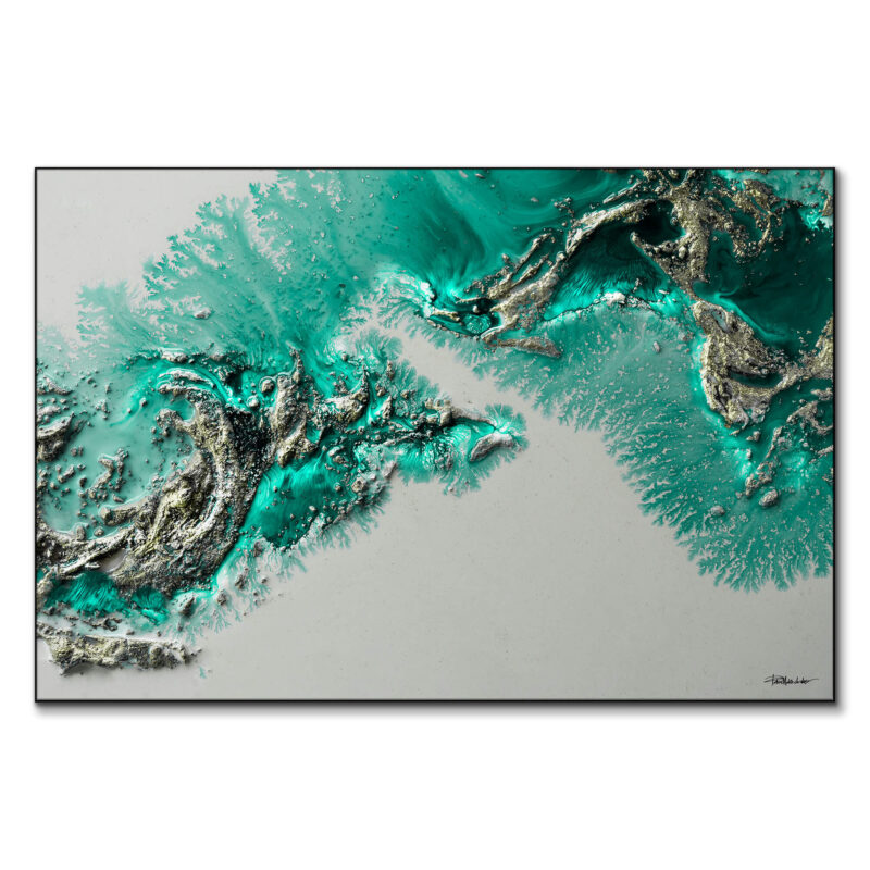 Abstract ocean scene with topographic wave forms in teal and turquoise, textured to create a dynamic, layered ocean look.