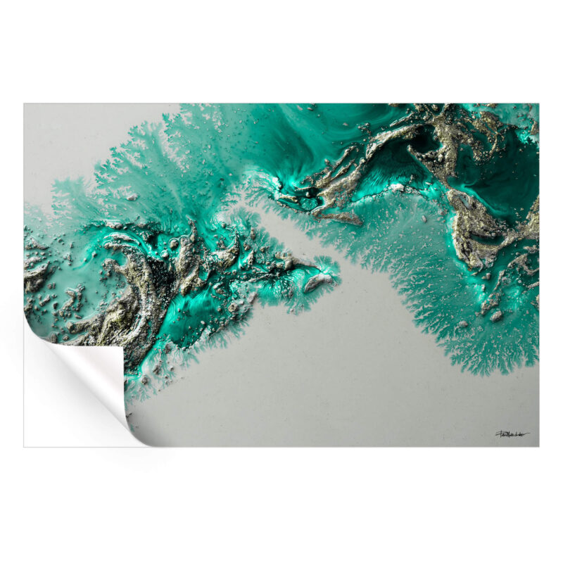 Abstract ocean scene with topographic wave forms in teal and turquoise, textured to create a dynamic, layered ocean look.