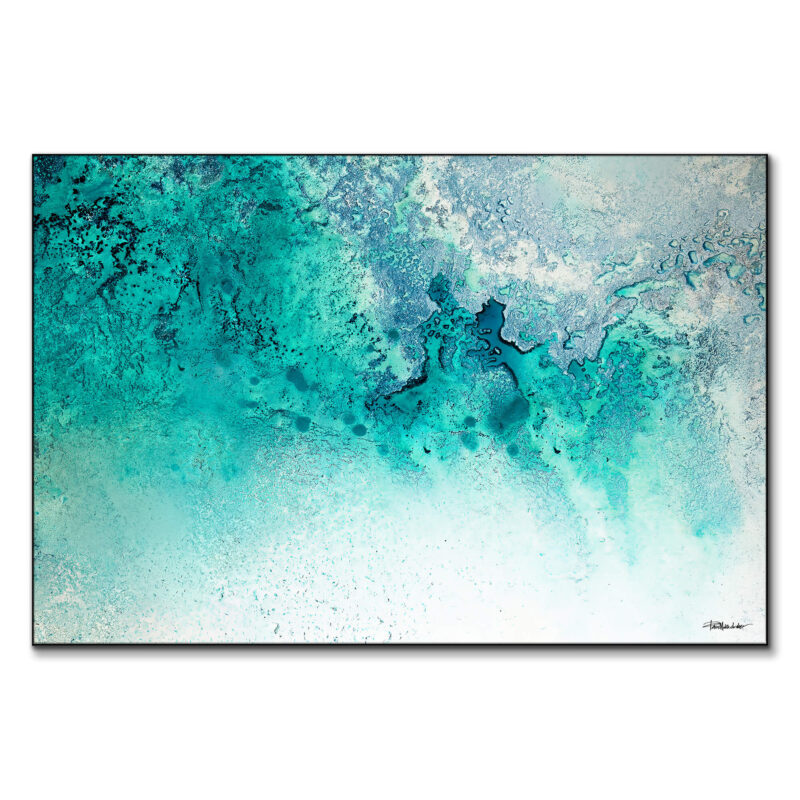 Abstract ocean artwork in vibrant turquoise and teal, textured to evoke the movement of the sea with hints of foam.