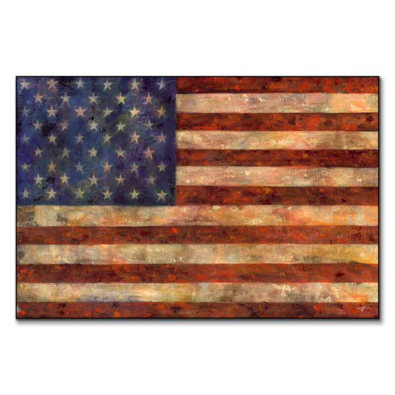 Distressed USA flag painting with textured brush strokes in earth tones.