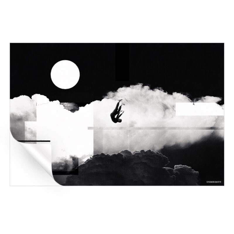 Surreal black-and-white portrait of a man falling through dramatic clouds with geometric lines.