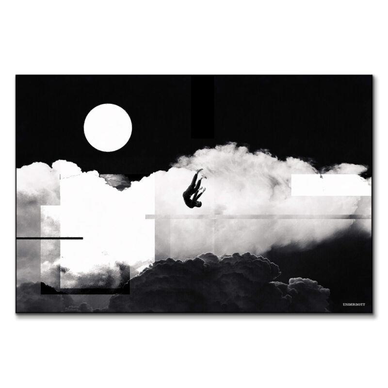Surreal black-and-white portrait of a man falling through dramatic clouds with geometric lines.