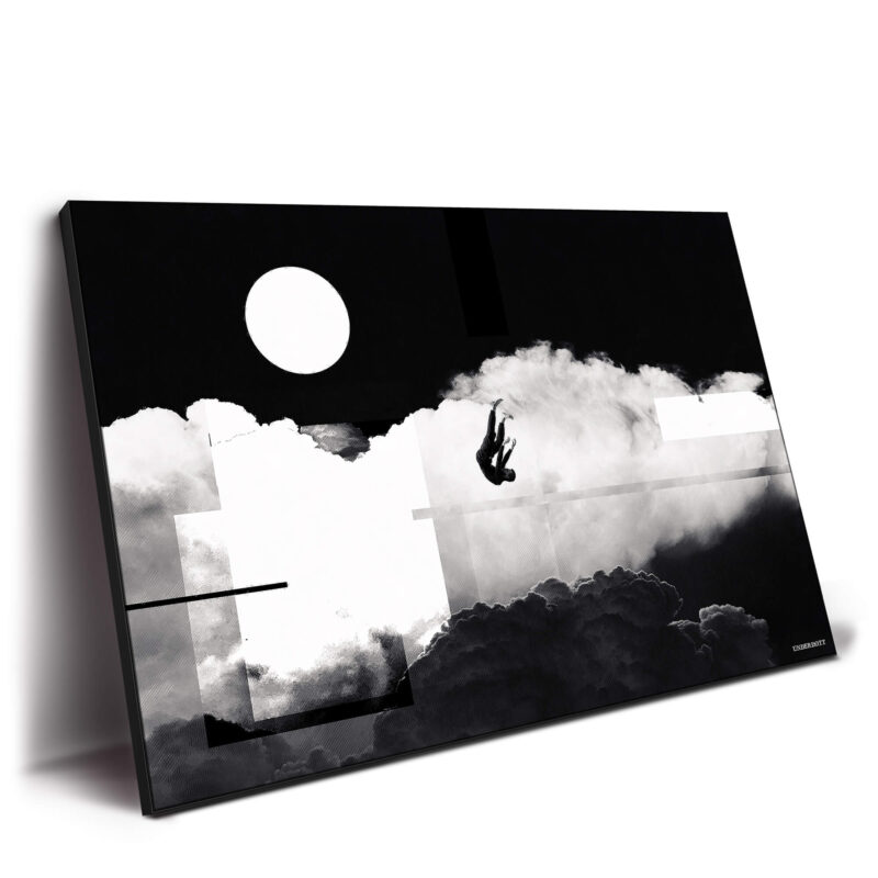 Surreal black-and-white portrait of a man falling through dramatic clouds with geometric lines.